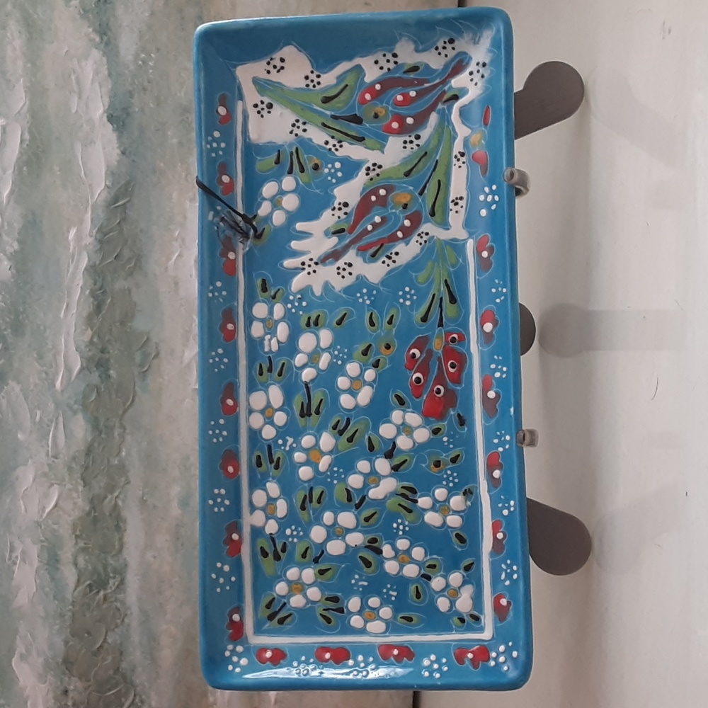 Blue Tray Red White Flowers Handpainted in Turkey Aydin El Sanatlari NWT